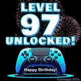 Animated GIF for a 97 birthday. The text 'Level 97 Unlocked!' and 'Happy Birthday!' are displayed over a blue video game controller with exploding fireworks in the background.