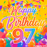 A bright and colorful animation for a 97th birthday, The greeting is set against a yellow backdrop with animated confetti, colorful bunting at the top, and balloons at the bottom.