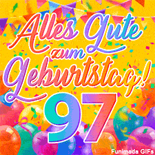 Eine festliche Animation zum 97. Geburtstag, Die Worte 'Alles Gute zum Geburtstag' und die Zahl '97' sind in einer bunten Schriftart gehalten, umgeben von Partyballons und Konfetti.