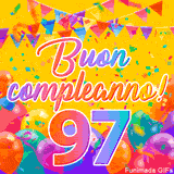 Un GIF animato per un 97° compleanno, Presenta il testo 'Buon Compleanno 97' su uno sfondo giallo vivo con palloncini colorati, festoni e una pioggia di coriandoli.