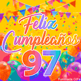 Un GIF animado para un 97º cumpleaños, Muestra el texto 'Feliz Cumpleaños 97' sobre un fondo amarillo vibrante con globos de colores, banderines y una lluvia de confeti.