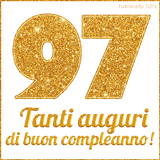 GIF animata per un 97° compleanno, Mostra il numero 97 in grandi caratteri dorati pieni di glitter scintillante, Sotto, la scritta 'Tanti auguri di buon compleanno!' in un elegante oro.