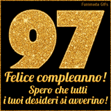 Un GIF animato per un 97° compleanno, Presenta il testo 'Buon Compleanno 97' su uno sfondo giallo vivo con palloncini colorati, festoni e una pioggia di coriandoli.