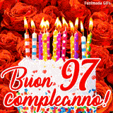 GIF animata per un 97° compleanno, Mostra una torta bianca con candeline colorate accese e coriandoli, di fronte a un muro di rose rosse, Il testo dice 'Buon 97 compleanno!'.