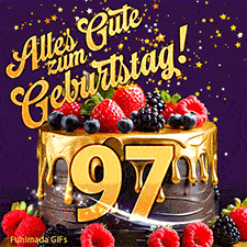 Eine köstlich aussehende animierte Geburtstagskarte für den 97. Geburtstag, dekoriert mit Erdbeeren, Blaubeeren und goldenen Details, Sterne funkeln und fallen, mit 'Alles Gute zum Geburtstag!'-Text.