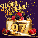 A delicious-looking animated birthday card for a 97th birthday, decorated with raspberries, blackberries, and gold details, Stars sparkle and fall, with 'Happy Birthday!' text above.