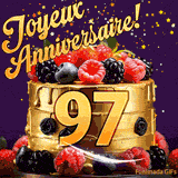 Une animation de célébration d'un gâteau de 97ème anniversaire, Des étoiles dorées tombent du ciel, mettant en valeur le texte 'Joyeux Anniversaire !' et le nombre doré 97 à l'avant du gâteau.