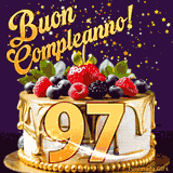 Un GIF animato di una bellissima torta per il 97° compleanno con glassa dorata e frutti di bosco freschi, Il numero dorato 97 è davanti, e stelle cadono su uno sfondo viola scuro.