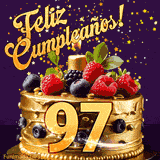 Una animación de celebración de una tarta para el 97º cumpleaños, Estrellas doradas caen del cielo, destacando el texto '¡Feliz Cumpleaños!' y el número dorado 97 en la tarta.