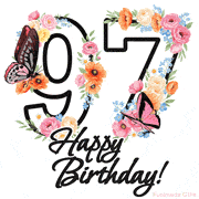 A floral 97th birthday animated greeting card. The number '97' is surrounded by animated flowers and butterflies, creating a beautiful and cheerful way to celebrate the milestone.