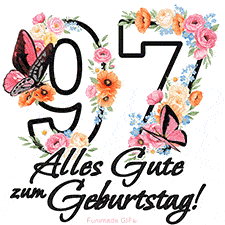 Ein florales GIF zum 97. Geburtstag. Die Zahl '97' ist von animierten Blumen und Schmetterlingen umgeben und bietet eine schöne und fröhliche Art, den Meilenstein zu feiern.