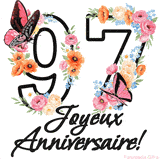 Ce GIF de Joyeux 97ème Anniversaire présente le nombre vingt rempli d'un bouquet vibrant de fleurs animées, avec des papillons qui bougent doucement sur un fond blanc.