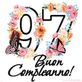 Questo GIF di Buon 97° Compleanno mostra il numero venti riempito con un vibrante bouquet di fiori animati, con farfalle che si muovono dolcemente su uno sfondo bianco.
