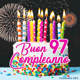 Immagine GIF animata di buon compleanno 97 anni con torta bianca, scritte rosa eleganti e fuochi d'artificio dorati sullo sfondo.