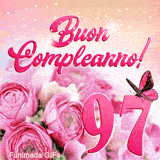 Immagine GIF animata di buon compleanno 97 anni con fiori rosa, farfalla elegante e riflessi stellati dorati sullo sfondo festoso.