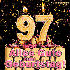 Festliche Torte mit rosa Dekoration und einer brennenden goldenen 97 als Zahlenkerze. Glanzvolles Konfetti rieselt herab. Text: Alles Gute zum Geburtstag!