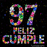 Composición sobre fondo negro con diminutas luces que muestra el número 97 y el mensaje FELIZ CUMPLE construidos totalmente con diamantes.