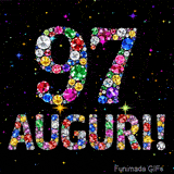 Il numero 97 e la scritta Auguri formati da gemme colorate e scintillanti su uno sfondo nero animato da piccole stelle luminose.