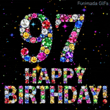 Animated bright shiny diamonds outline the number 97 and the text Happy Birthday below it, set against a black canvas with small sparkling colored bright lights.