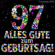 Eine Ziffer 97 und der Text Alles Gute zum Geburtstag aus funkelnden Edelsteinen auf dunklem Grund mit bunten animierten Lichtpunkten.