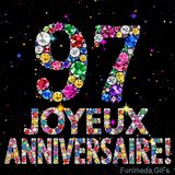 Le chiffre 97 et les mots Joyeux Anniversaire formés de diamants colorés étincelants sur fond noir avec de petites étoiles scintillantes animées.