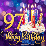 A sweet cupcake with lit candles sits near the golden number 97. Cursive Happy Birthday text is at the bottom against a sparkling purple background.