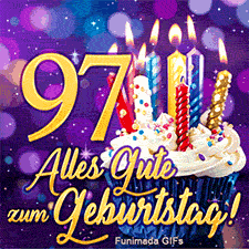 Ein funkelndes violettes Lichtermeer mit der goldenen Ziffer 97, einem Cupcake mit bunten Kerzen und dem goldenen Glückwunschtext.