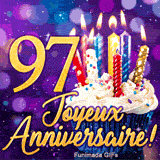 GIF d'anniversaire 97 ans avec le chiffre 97 d'or brillant, un gâteau festif et des effets de lumière violet.