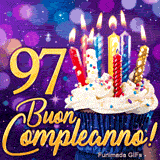 GIF di compleanno 97 anni con il numero 97 d'oro brillante, una torta festosa e scintillii di luce viola.