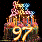 Animated GIF of a revolving rainbow cake for 97th birthday decorated with lit candles and glowing yellow number 97.
