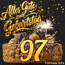 Alles Gute zum Geburtstag prangt über der Schokoladentorte. Die Ziffer 97 wird von einer sprühenden Wunderkerze und goldenen Sternchen umrahmt.