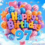 Animated bunch of bright balloons swaying in the wind. The balloon letters form Happy Birthday over a prominent blue number 97.