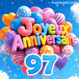 Grappe animée de ballons lumineux se balançant au vent. Les lettres ballons forment Joyeux Anniversaire au-dessus du grand chiffre bleu 97.