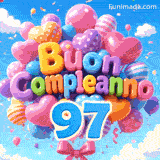 Grappolo animato di palloncini luminosi che dondolano al vento. Le lettere a palloncino formano Buon Compleanno sopra il grande numero azzurro 97.