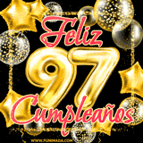 A large of balloons in various shapes, sizes, and colors with the words 'Happy Birthday' and a number 97