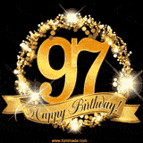 A golden 97th birthday GIF features a decorative circle and ribbon. The design sparkles with light and gold accents against a black background.