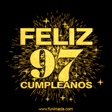 GIF animado con un diseño dorado, mostrando el número 97 rodeado de fuegos artificiales y luces que resaltan una atmósfera festiva y vibrante.