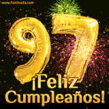 GIF animado con globos dorados en forma del número 97, acompañado de fuegos artificiales de colores y la frase '¡Feliz cumpleaños!' en letras vibrantes.