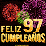 GIF animado con el número 97 en dorado, rodeado de fuegos artificiales rojos, verdes y morados, con el mensaje 'Feliz cumpleaños' en letras doradas.