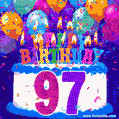 97th Birthday Cake gif: colorful candles, balloons, confetti and number 97