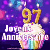GIF animé joyeux anniversaire pour 97 ans avec un cupcake coloré, des bougies dorées en forme de 97 et un fond violet scintillant.