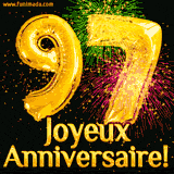 GIF animé pour un 97e anniversaire avec des ballons dorés en forme de 97, des feux d'artifice colorés et le texte 'Joyeux Anniversaire!' sur un fond noir festif.