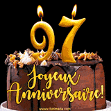 GIF animé pour un 97e anniversaire avec une élégante gâteau au chocolat, des bougies dorées formant le chiffre 97 et le texte 'Joyeux Anniversaire!' en écriture dorée.
