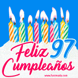 Animación de un pastel decorado con velas coloridas y encendidas, el número 97 destacado en azul y la frase 'Feliz cumpleaños' en letras estilizadas.