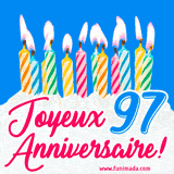 GIF animé joyeux anniversaire pour 97 ans avec des bougies colorées allumées, un fond bleu vif et le texte 'Joyeux Anniversaire 97!' en écriture élégante.