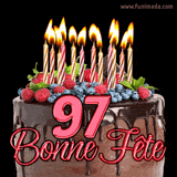 GIF animé pour un 97e anniversaire avec un somptueux gâteau au chocolat décoré de baies fraîches, des bougies allumées et le texte '97 Bonne Fête!' en rouge.