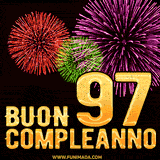 Animazione di fuochi d'artificio colorati con il numero 97 in oro brillante e la scritta 'Buon Compleanno' su uno sfondo nero festivo ed elegante.