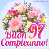 Bouquet animato con rose rosa, margherite e altri fiori colorati, con il numero 97 e la scritta 'Buon Compleanno!' in stile elegante e luminoso.
