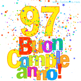 Animazione con il numero 97 in giallo e scritte multicolore 'Buon Compleanno!', accompagnate da una pioggia di stelle e coriandoli colorati.