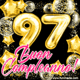 Animazione con palloncini dorati a forma del numero 97, circondati da decorazioni scintillanti e la scritta 'Buon Compleanno!' in caratteri rosa accattivanti.